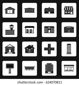 City infrastructure items icons set in white squares on black background simple style vector illustration