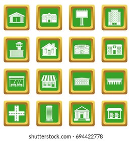 City infrastructure items icons set in green color isolated vector illustration for web and any design