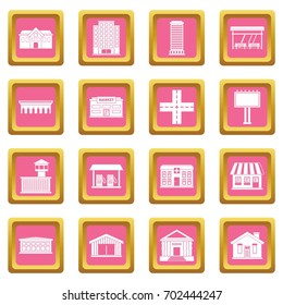 City infrastructure items icons set in pink color isolated vector illustration for web and any design
