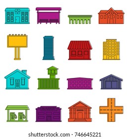 City infrastructure items icons set. Doodle illustration of vector icons isolated on white background for any web design