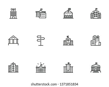 City infrastructure line icon set. School, government, courthouse, hospital, road sign. Urban life concept. Can be used for topics like town, big city, architecture