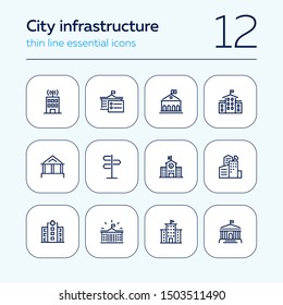 City infrastructure line icon set. School, government, courthouse, hospital, road sign. Urban life concept. Can be used for topics like town, big city, architecture
