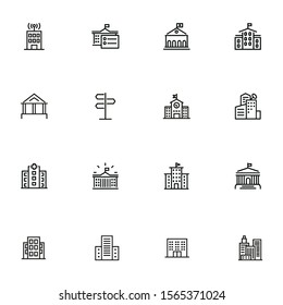 City infrastructure line icon set. School, government, courthouse, hospital, road sign. Urban life concept. Can be used for topics like town, big city, architecture