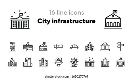 City infrastructure line icon set. Hospital, government, bridge, fountain. Buildings concept. Can be used for topics like urban life, town, architecture