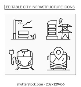 City infrastructure line icons set. Street lighting, tram recharging, bus stop, electricity station. Industrialization concept. Isolated vector illustrations. Editable stroke