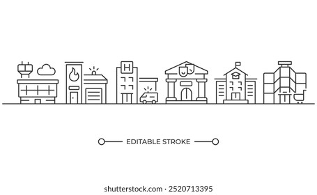 City infrastructure linear icon. Urban planning. Public services. Cityscape. Fire station, hospital and school. Thin line illustration. Contour symbol. Vector outline drawing. Editable stroke