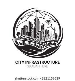 City Infrastructure logo depicts a sprawling metropolitan skyline integrated with bridges and transportation networks, representing urban growth and connectivity. This robust, modern design is perfectly suited for urban planning firms, civil engineering contractors, government development departments, and sustainable city initiatives requiring an identity that conveys structural integrity, progress, and interconnected living.