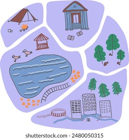 city infrastructure map: cartoon pieces with icons of important city buildings