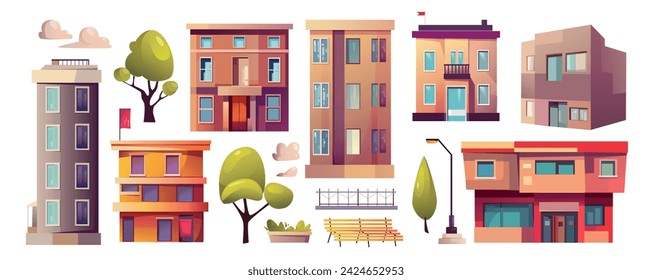 Mega conjunto de infraestructura de la ciudad en diseño gráfico de dibujos animados. Agrupa elementos de casas residenciales, rascacielos de oficinas, edificios de tiendas con vitrina, árboles, linternas. Ilustración vectorial de objetos aislados