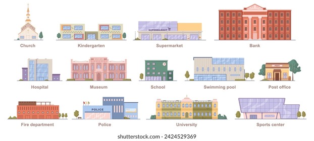 City infrastructure and municipal buildings. Vector flat cartoon style, isolated church and kindergarten, supermarket and bank, post office and hospital. Swimming pool and school, police