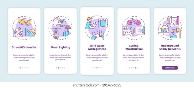 City infrastructure onboarding mobile app page screen with concepts. Public service and facility walkthrough 5 steps graphic instructions. UI vector template with RGB color illustrations