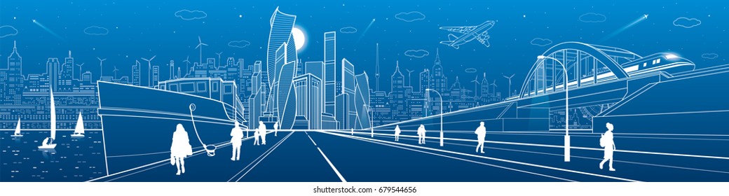 City infrastructure panorama. Ship in the port, railroad bridge, train rides, modern city in the background, people walk along the embankment, vector design art