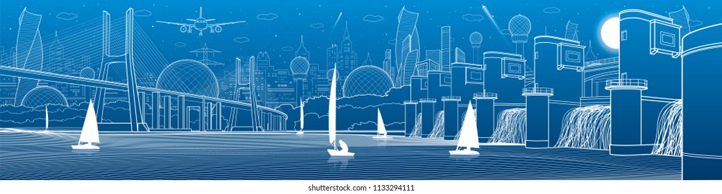City infrastructure panoramic illustration. Big bridge across river. Hydroelectric Power Station. Sailing yachts on water. White lines on blue background. Vector design art