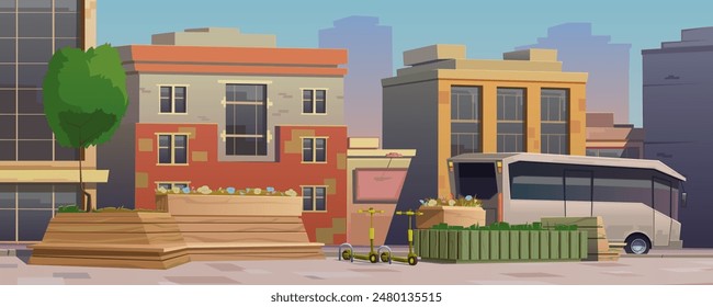 City infrastructure, public space, street with parklets and bicycle parking. City buildings and skyscrapers, public transport. Wooden bench with flower bed, mini park, resting place. Vector cartoon.