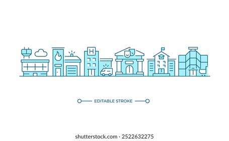 City infrastructure RGB color icon. Urban planning. Public services. Cityscape. Fire station, hospital and school. Isolated vector illustration. Simple filled line drawing. Editable stroke