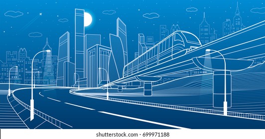 City infrastructure and transport illustration. Monorail railway. Train move over flyover. Modern night city. Airplane fly. Towers and skyscrapers. White lines on blue background, vector design art