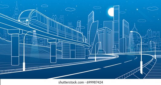 City infrastructure and transport illustration. Monorail railway. Train move over flyover. Modern night city. Airplane fly. Towers and skyscrapers. White lines on blue background, vector design art