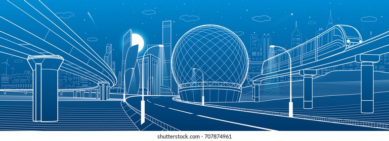 City infrastructure and transport illustration. Monorail railway. Train move over flyover. Spherical building. Modern night city. Airplane fly. Towers and skyscrapers. White lines. Vector design art