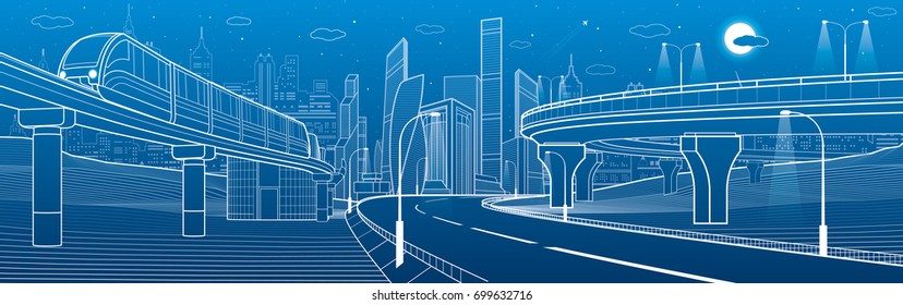 City infrastructure transport scene. Monorail railway. Automotive flyover. Train move over overpass. Modern city. Plane fly. Towers and skyscrapers. White lines on blue background, vector design art