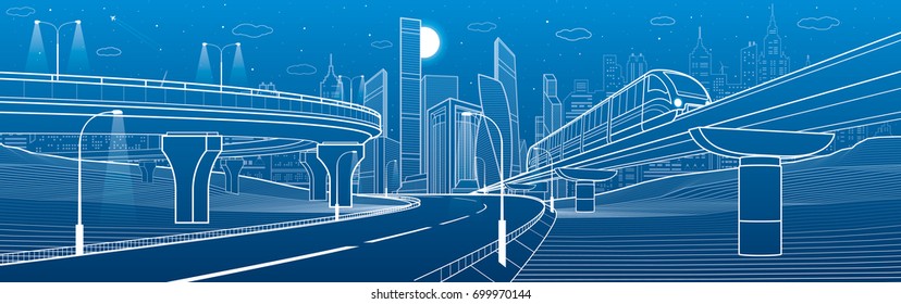 City infrastructure transport scene. Monorail railway. Automotive flyover. Train move over overpass. Modern city. Plane fly. Towers and skyscrapers. White lines on blue background, vector design art