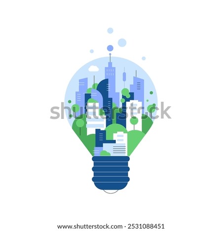City and innovations. Town inside lightbulb. Flat illustration. Vector file.