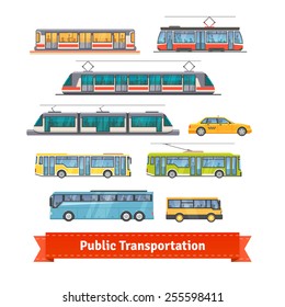 City And Intercity Transportation Vehicles Icon Set. Trains, Subway, Buses And Taxi. Flat Style Illustration Or Icon. EPS 10 Vector.