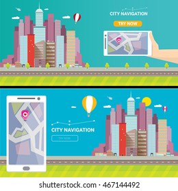 City internet navigation concept web banner. Panoramic flat city and navigation app on mobile screen. GPS navigation on mobile phone with pin and map. Panorama city view flat style