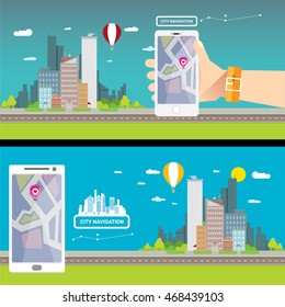 City internet navigation concept web banner. Panoramic flat city and navigation app on mobile screen. GPS navigation on mobile phone with pin and map. Panorama city view flat style