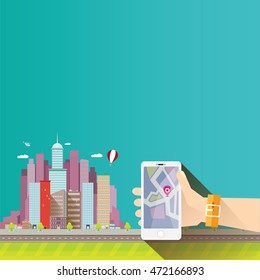 City internet navigation concept web banner. Panoramic flat city and navigation app on mobile screen. GPS navigation on mobile phone with pin and map. Panorama city view flat style