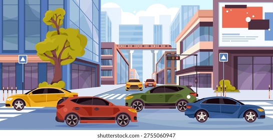 City intersection with cars moving through multiple lanes under stoplights. Vector urban transport, motion and organized traffic flow. Structure and infrastructure. Movement and roadway