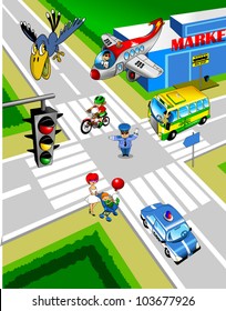 City intersection. A policeman controls traffic;