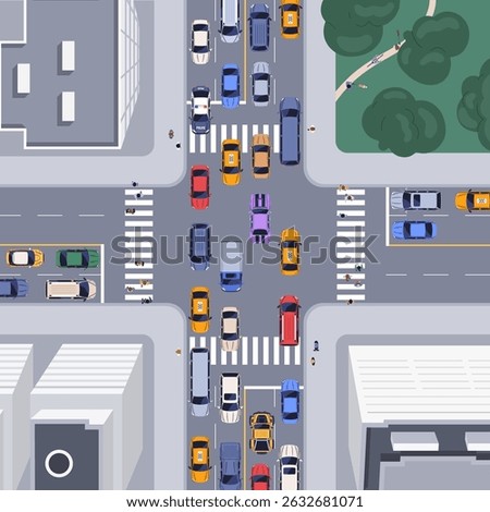 City intersection, top view. Busy crossroad with cars, auto transport, vehicles, trucks, taxi and pedestrians, crossing crosswalks from above, overhead. Urban traffic flow. Flat vector illustration.