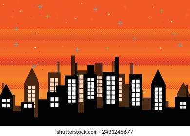 City isolate pixel art background.8 bit game. retro game. Retro Futurism Sci-Fi Background. glowing neon grid and stars from vintage arcade comp