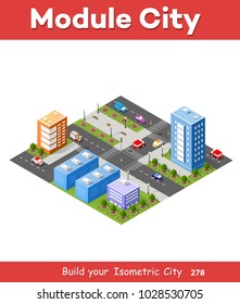 City isometric 3D intersection traffic jam of streets with roads, cars, trees. Town industrial landscape.