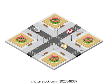 City isometric 3D intersection traffic jam of streets with roads, cars, trees. Town industrial landscape.