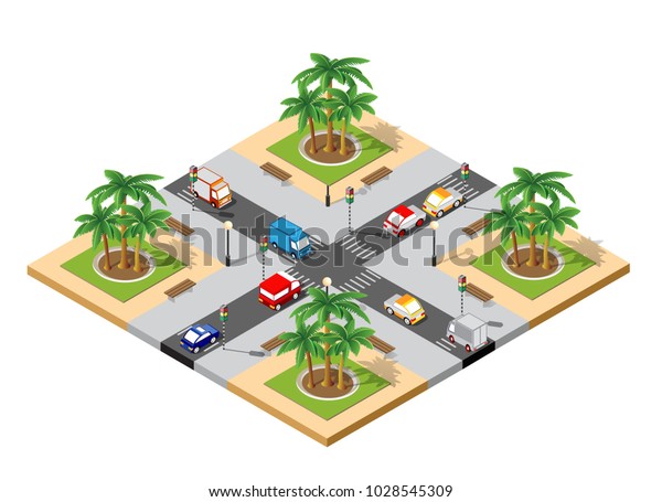 City isometric 3D\
intersection traffic jam of streets with roads, cars, trees. Town\
industrial landscape.