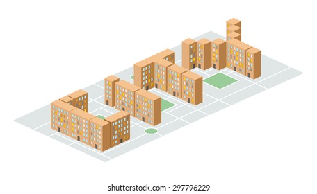 City. Isometric Building In Form Of Letters. Yard People Living In Slums. Vector Illustration. New Sleeping Area Town Outskirts 