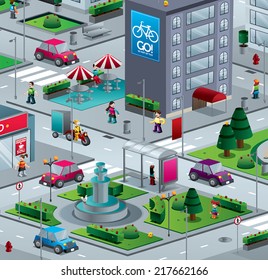 City isometric with building people streets and cars illustration vector 