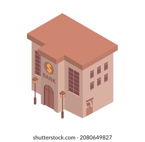 City isometric composition with isolated image of bank building on blank background vector illustration