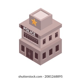 Composición isométrica de la ciudad con imagen aislada del departamento de policía construyendo sobre ilustración vectorial de fondo en blanco