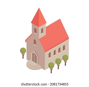 City Isometric Composition With Isolated Image Of Catholic Church Building On Blank Background Vector Illustration