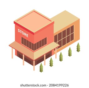 City isometric composition with isolated image of store building on blank background vector illustration