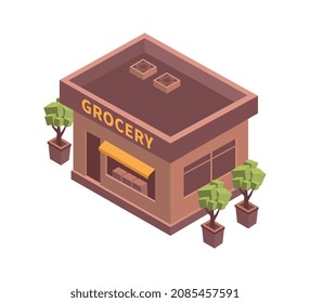 City isometric composition with isolated image of grocery building on blank background vector illustration