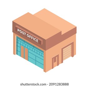 Composición isométrica de la ciudad con imagen aislada del edificio de correos en ilustración vectorial de fondo en blanco