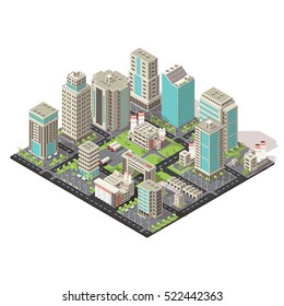 City isometric concept with office and industrial buildings truck parking environmental and road infrastructure vector illustration 