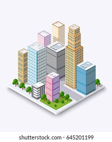 City isometric concept of urban infrastructure business. Vector building illustration of skyscraper and collection of  elements architecture, home, construction, block and park