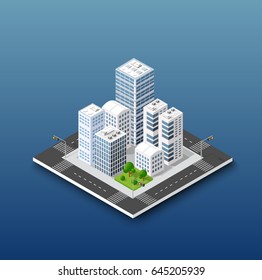 City Isometric Concept Of Urban Infrastructure Business. Vector Building Illustration Of Skyscraper And Collection Of  Elements Architecture, Home, Construction, Block And Park