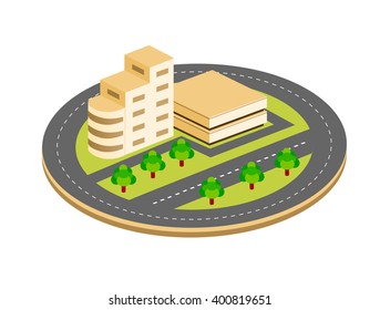 City isometric houses, roads with streets