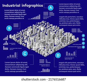 City isometric industrial factory infographics there are diagram, building, road, plant, transportation and works in the area of the town with business conceptual graphs and symbols