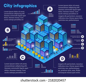 City isometric industrial factory infographics there are diagrams, buildings, road, plant, transportation and works in the area of the town with business conceptual graphs 